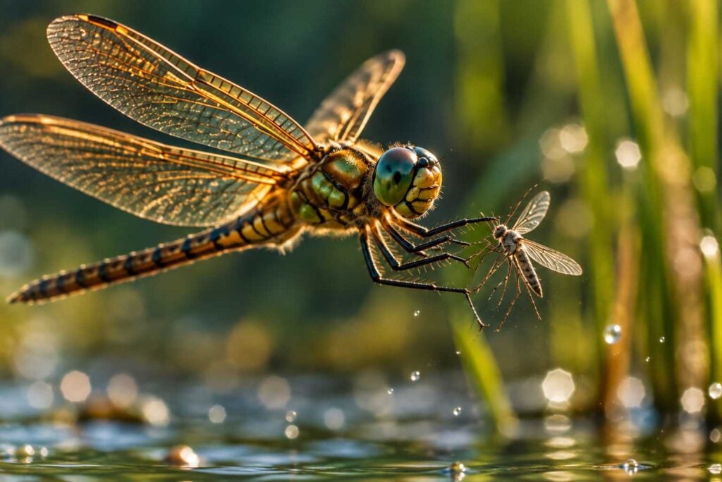 Dragonflies catch prey in flight as a dragonfly captures a small insect above shimmering pond water surrounded by sunlit reeds.