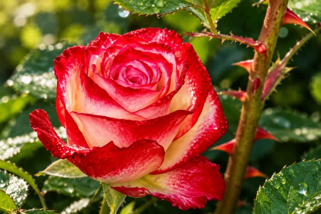 A vibrant red-and-cream rose blooms among glossy green leaves, illustrating healthy flowering when gardeners use Epsom salt for roses.