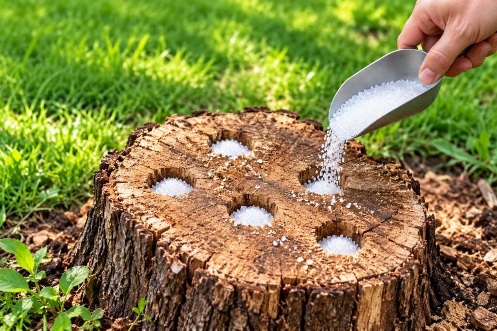 A hand pours Epsom salt for tree stump removal into several drilled holes in a weathered stump surrounded by a sunny green lawn.