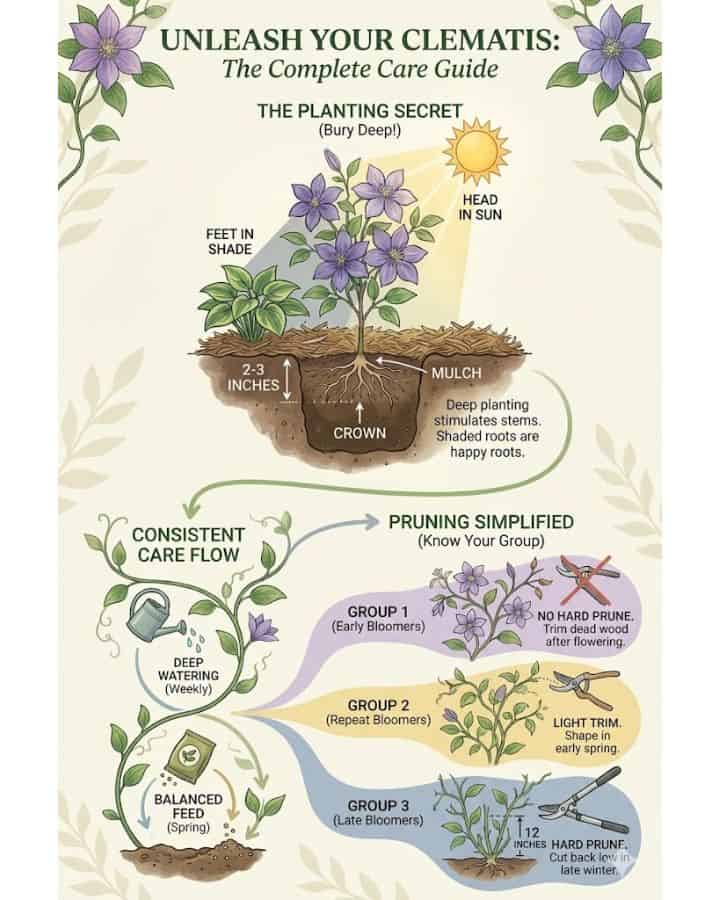 Clematis looking grumpy? 😅🌸 Give it “feet in shade, head in sun,” plant the crown deep, and mulch like you mean it. Water weekly, feed in spring, and prune based on its group—no trim, light trim, or the full haircut. Do that, and your clematis will explode with blooms. ✨ Which group is yours in?
