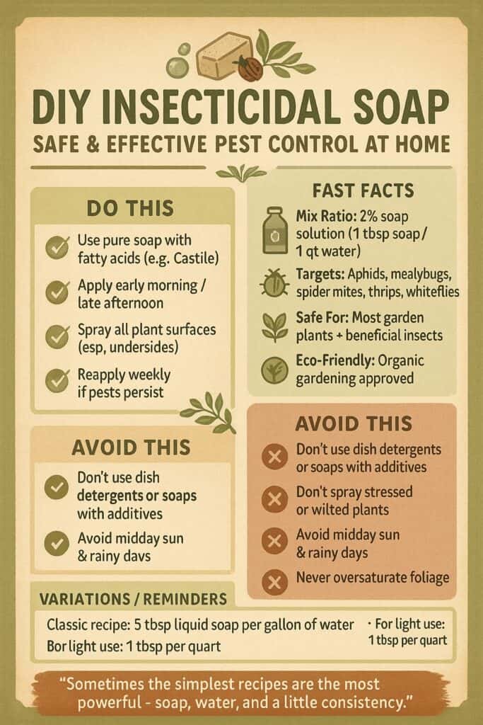 DIY insecticidal soap graphic with mixing instructions, do's and don'ts