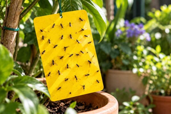 A yellow sticky trap covered with small flying insects hangs among potted plants, helping monitor cinnamon on fungus gnats treatment in the garden.
