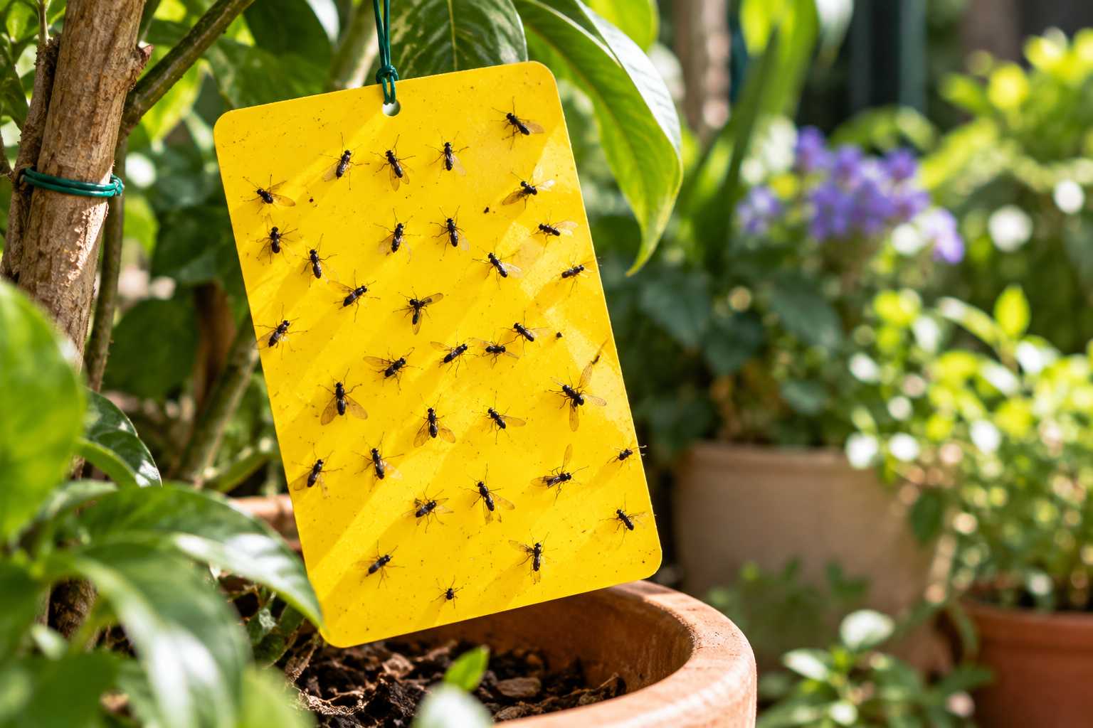 A yellow sticky trap covered with small flying insects hangs among potted plants, helping monitor cinnamon on fungus gnats treatment in the garden.