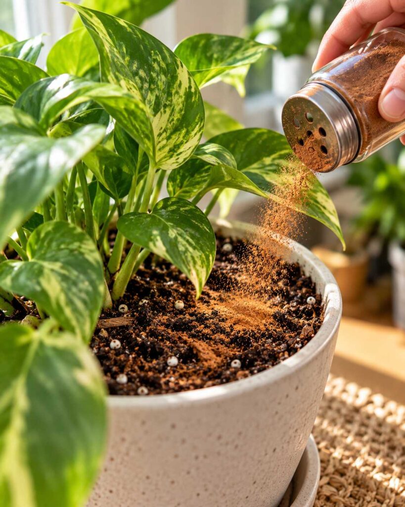 A hand sprinkles cinnamon on fungus gnats treatment over the soil of a healthy green houseplant to help discourage fungal growth.