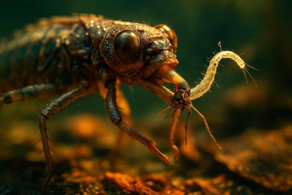 Close-up of a dragonfly larva underwater, resting against submerged mud and debris in a still freshwater pond.