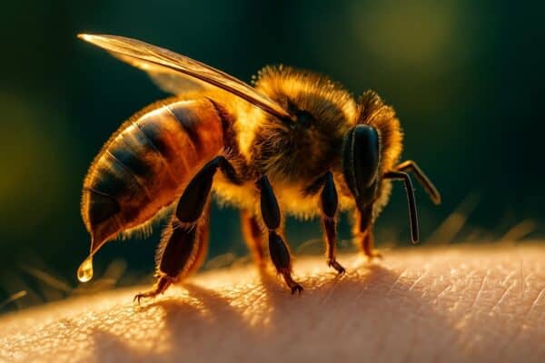 Close-up of a honeybee on a white surface, with a vial of pale yellow venom extract beside it.