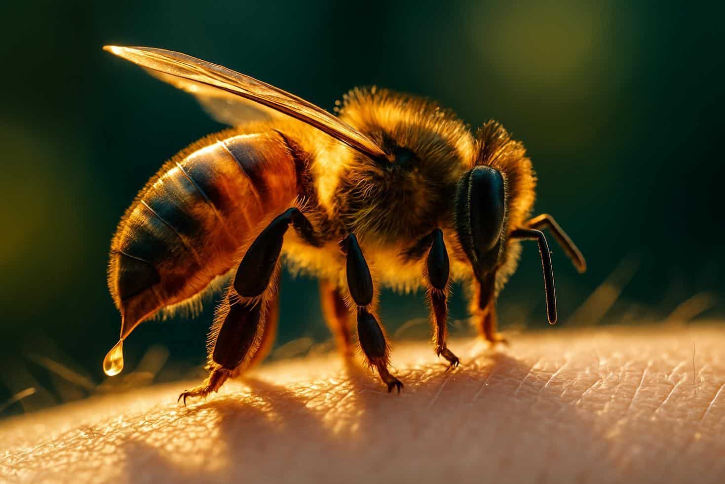 Close-up of a honeybee on a white surface, with a vial of pale yellow venom extract beside it.