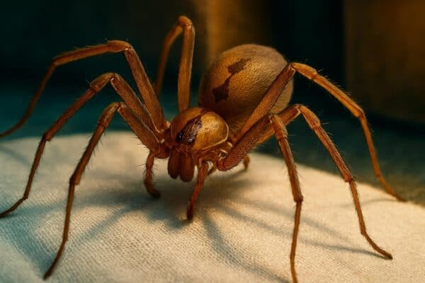 Close-up of a brown recluse spider sitting motionless on irregular silk strands in a dark corner near cardboard boxes.