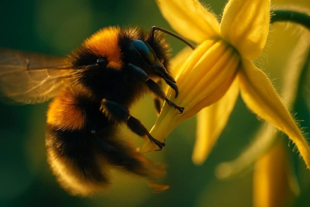 Close-up of a bumblebee gripping a yellow tomato anther cone, body curled around the flower cluster.