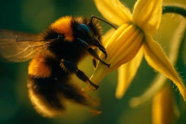 Close-up of a bumblebee gripping a yellow tomato anther cone, body curled around the flower cluster.