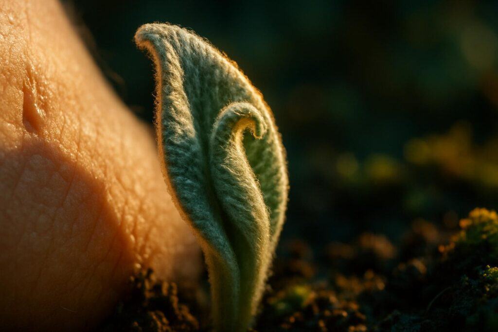 Close-up of a Lambs Ear leaf showing dense silver-white trichomes covering the entire surface texture.