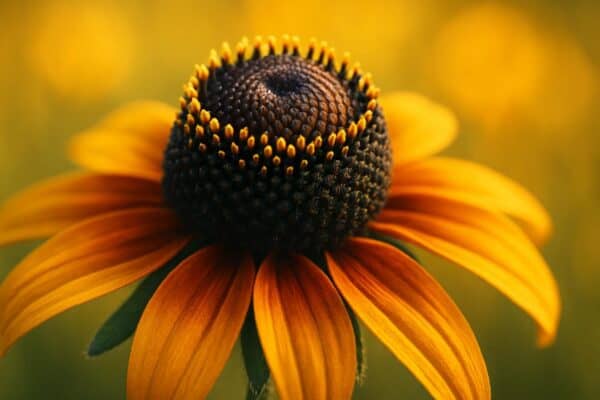 Close-up of a Black-eyed Susan flower head showing yellow ray florets surrounding a domed brown disc center with multiple floret rings.