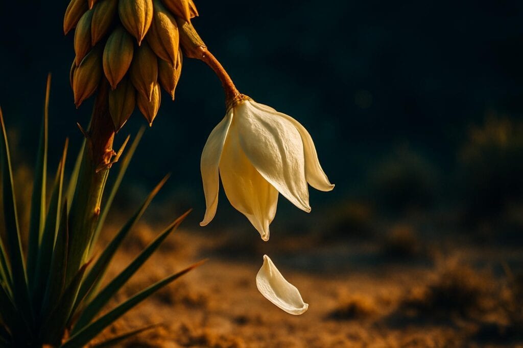 Close-up of a pale yucca flower cluster with visible stigma and ovary, soft desert light, no moth visible.