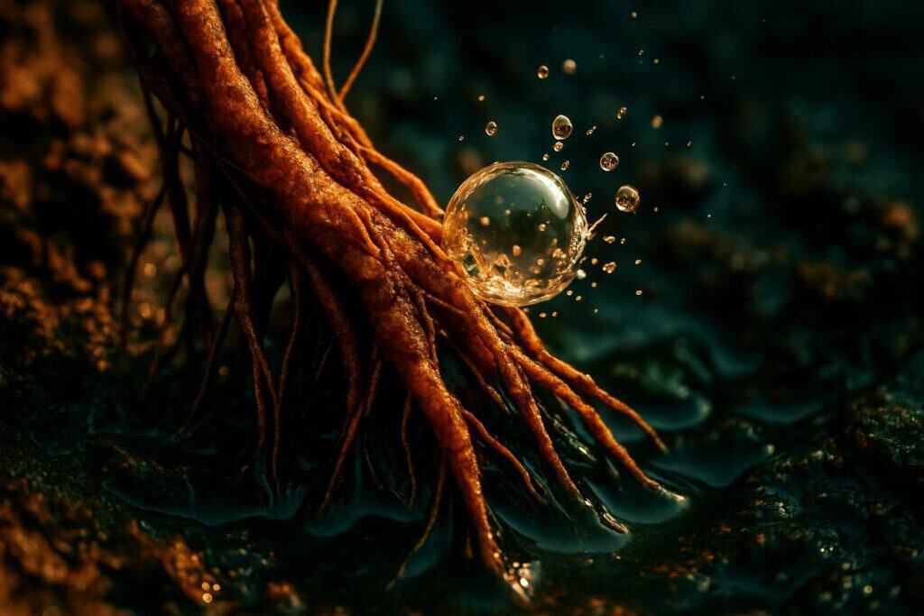Clear liquid being poured from a brown bottle into dark saturated soil around the base of a wilting green plant