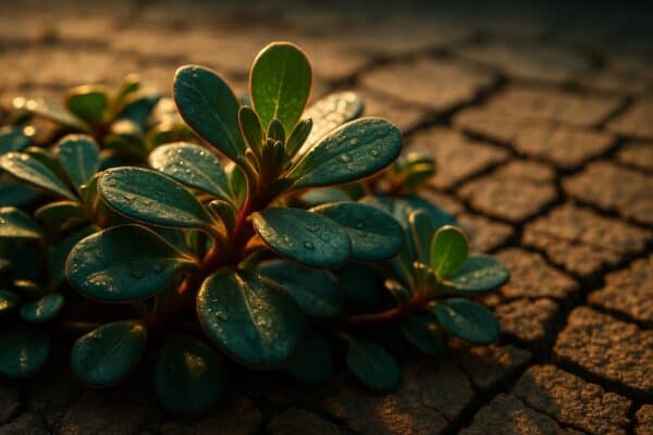 Close-up of fresh purslane stems and fleshy green leaves on a white surface, showing thick succulent texture.
