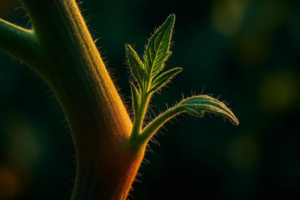 Close-up of a tomato plant showing a small green axillary shoot emerging at a 45-degree angle in the V-shaped crease between the main stem and a side branch.