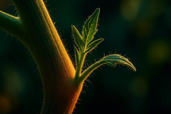 Close-up of a tomato plant showing a small green axillary shoot emerging at a 45-degree angle in the V-shaped crease between the main stem and a side branch.