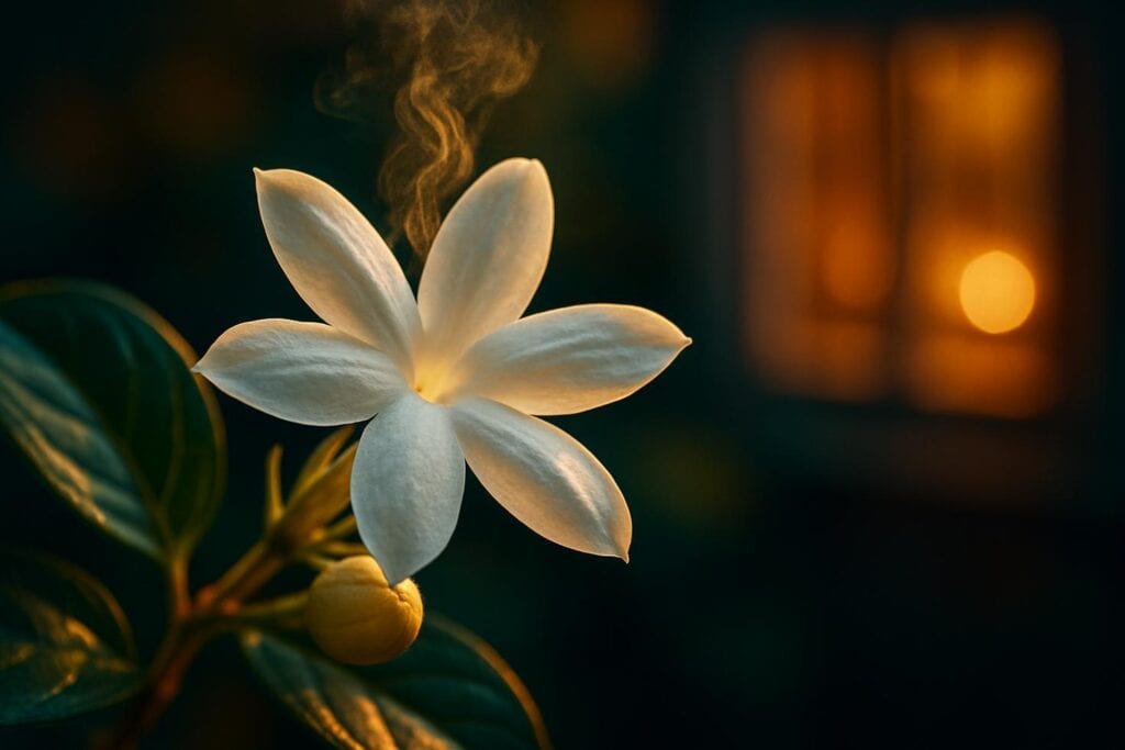 Close-up of white Jasminum sambac blossoms opening at night on a leafy green stem in low light