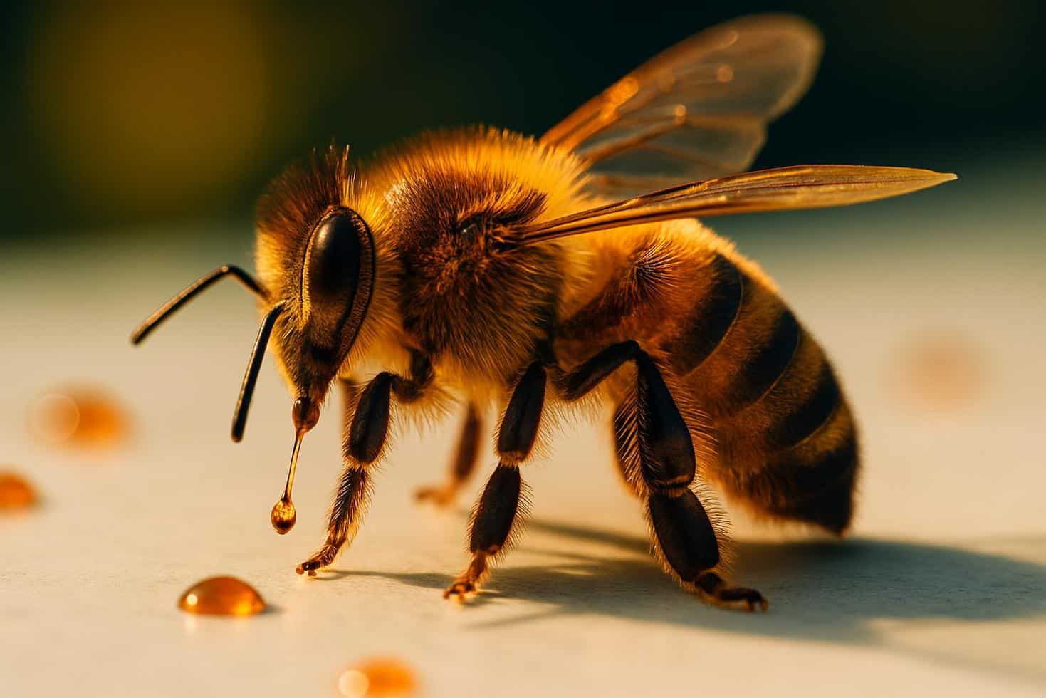 Close-up of a honeybee on a white surface with a visible stinger, soft natural light background.