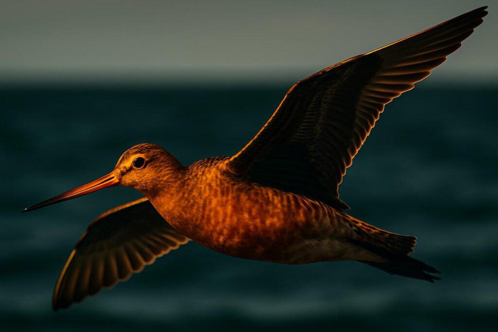 A bar-tailed godwit standing on mudflat shoreground, showing its long bill and streaked brown plumage before migration.