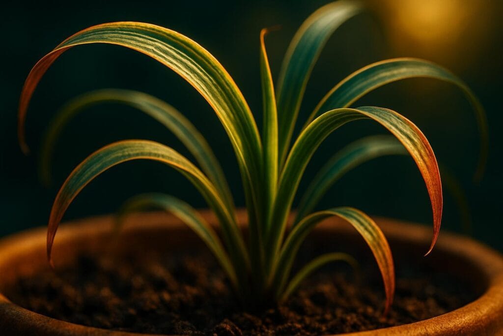 Close-up of spider plant leaves showing green healthy middles with dry brown tips against a white background