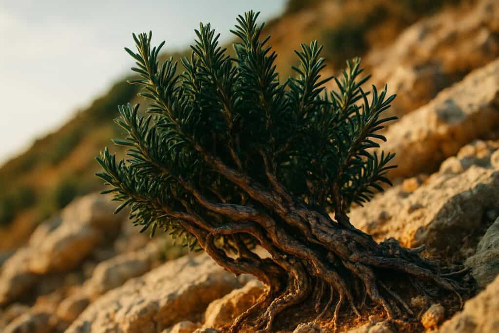 A small rosemary plant in a four-inch terracotta pot sitting on a sunny kitchen windowsill, woody stems visible.
