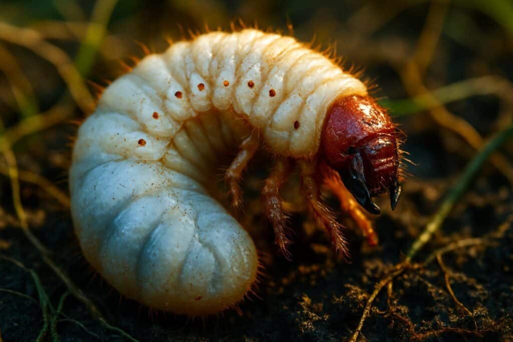 Close-up of white Japanese beetle grub in dark turf soil beside granular milky spore powder application