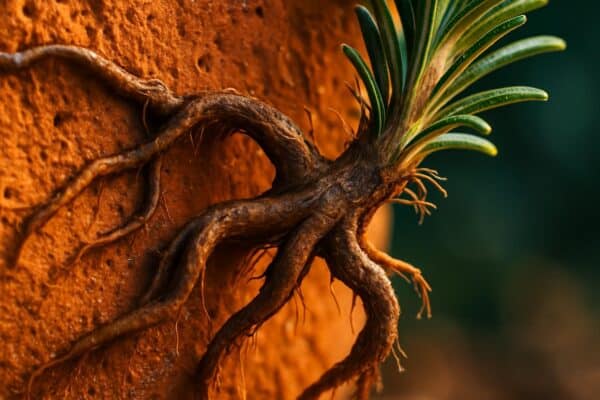 Close-up of a damp unglazed terra cotta pot exterior with a rosemary plant, showing visible moisture migration through the reddish clay wall.