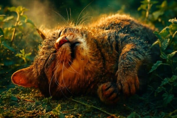 A tabby cat rolling on its back in a patch of catnip plants outdoors, leaves crushed beneath its fur.