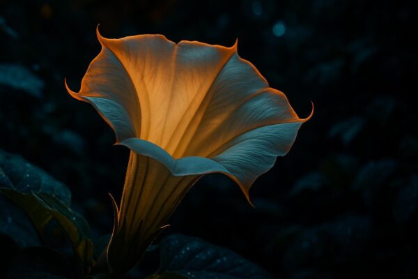 White moonflower (Ipomoea alba) trumpet-shaped bloom fully open against a dark night sky background.