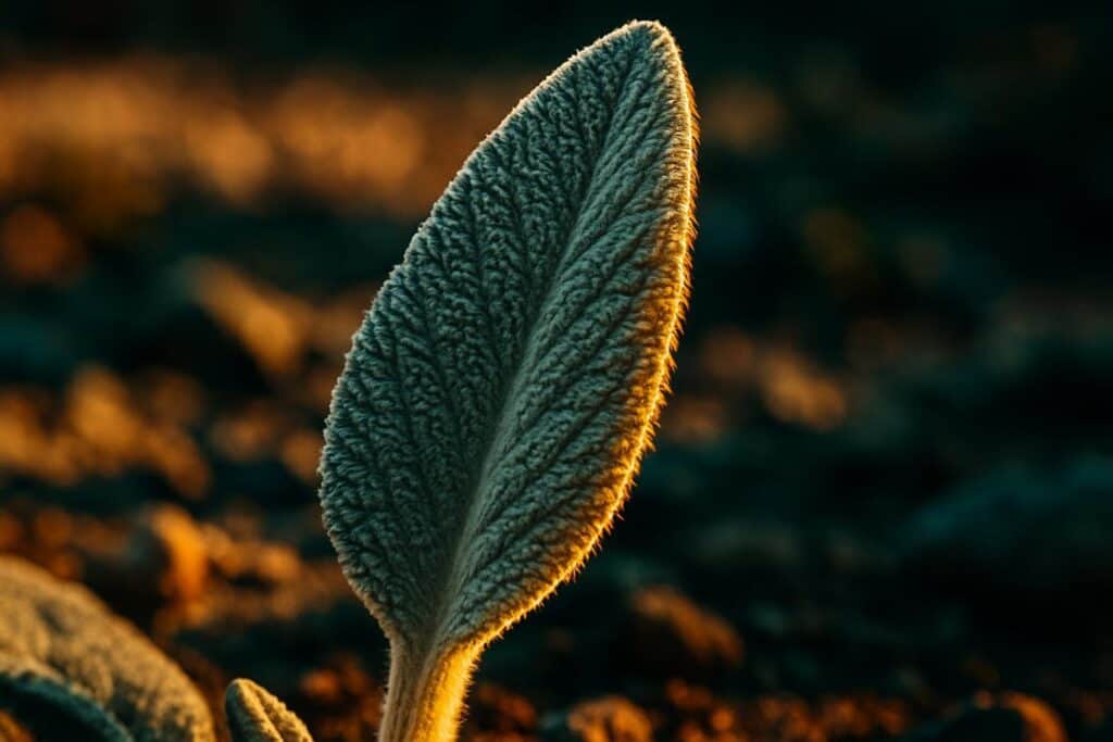 Close-up of a lambs ear leaf showing dense silver-white trichomes covering the entire surface in bright sunlight.