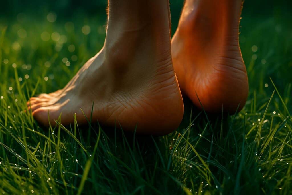 Bare feet pressing into damp grass with soil visible between toes, photographed from ground level in natural light.