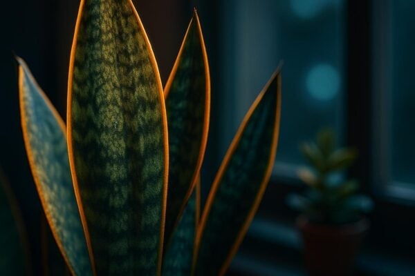 Close-up of a snake plant leaf cross-section showing thick succulent tissue and large vacuoles in a natural light setting.