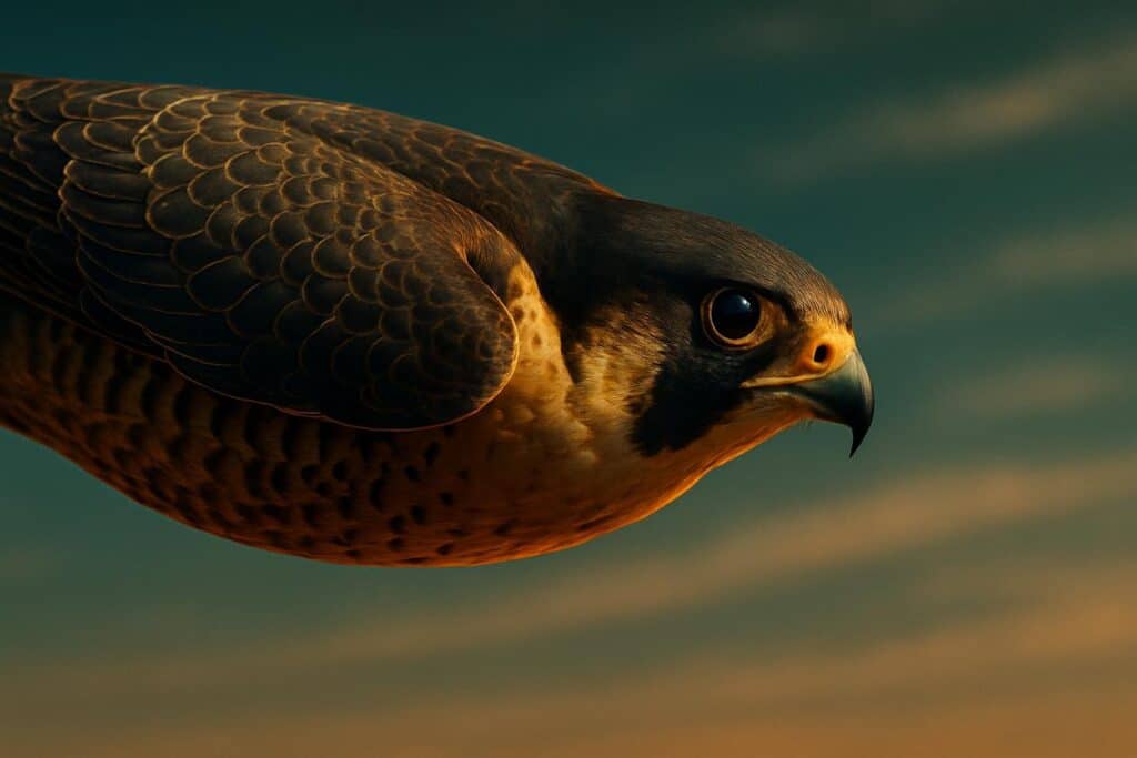 Peregrine falcon mid-stoop with wings fully folded against body, falling toward prey against an open sky background.