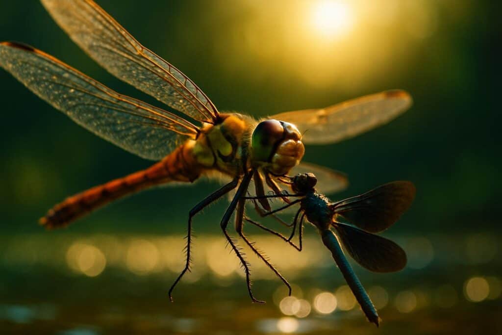 Close-up of a dragonfly in mid-flight against a blurred green background, wings fully extended and body angled forward.
