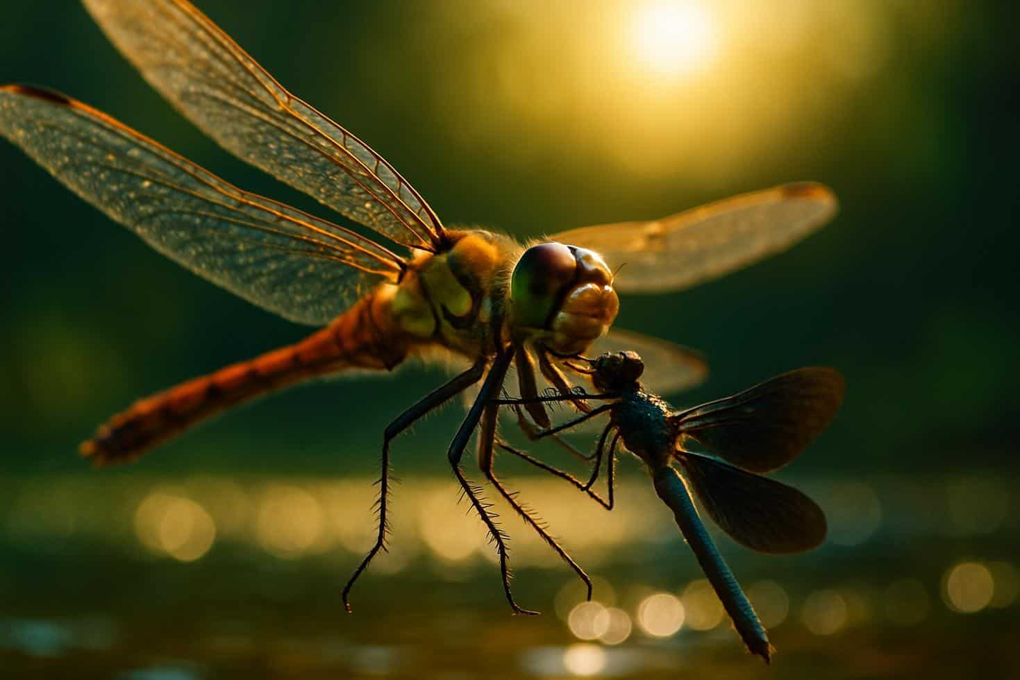 Close-up of a dragonfly in mid-flight against a blurred green background, wings fully extended and body angled forward.