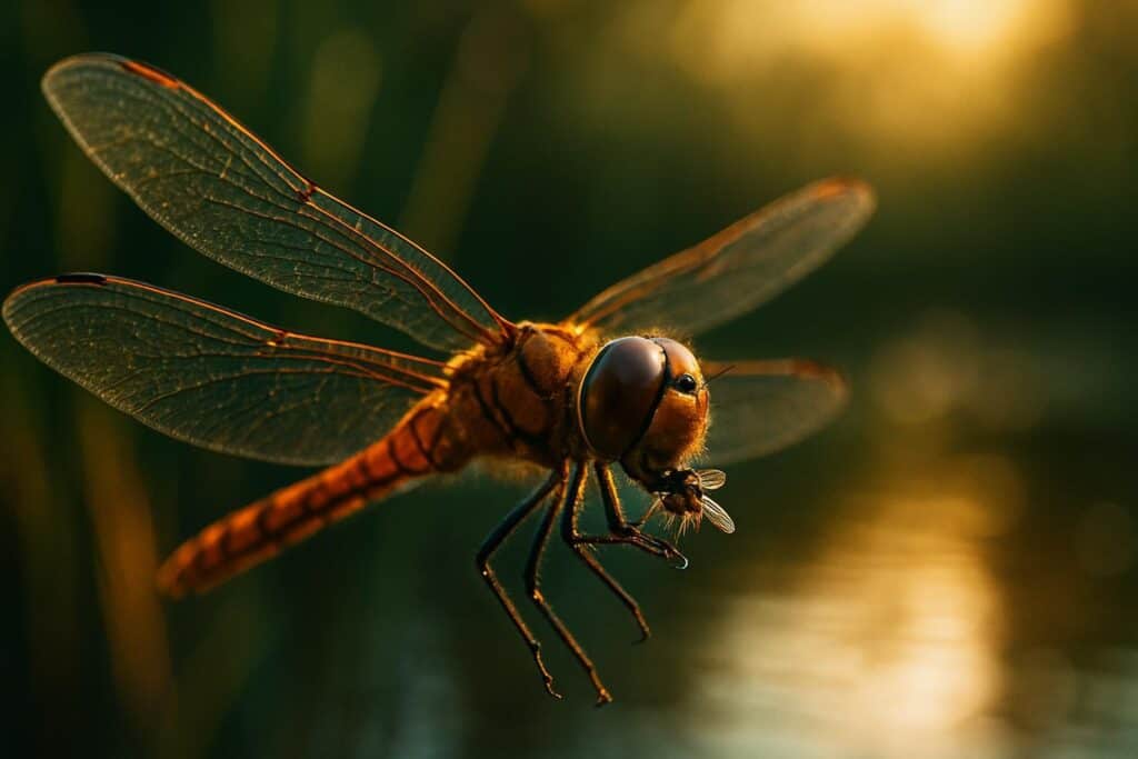 Close-up of a dragonfly perched on a thin stem, compound eyes visible, wings spread horizontally against a blurred green background.