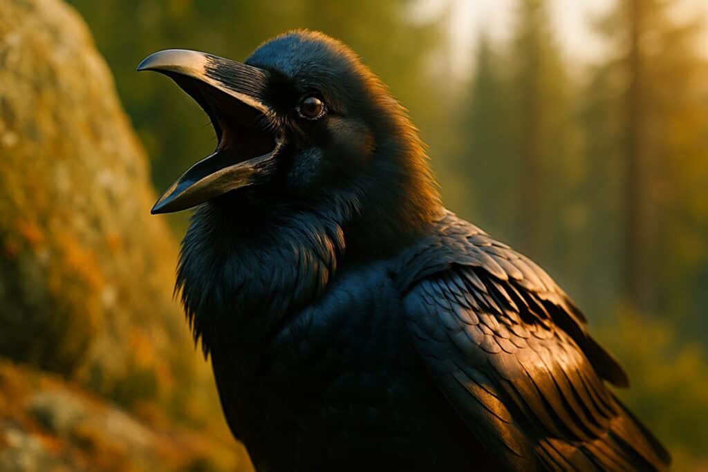 A common raven perched on a rough wooden post, head tilted slightly, dark feathers gleaming, beak partially open mid-call.