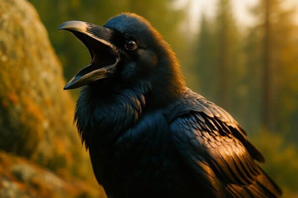 A common raven perched on a rough wooden post, head tilted slightly, dark feathers gleaming, beak partially open mid-call.