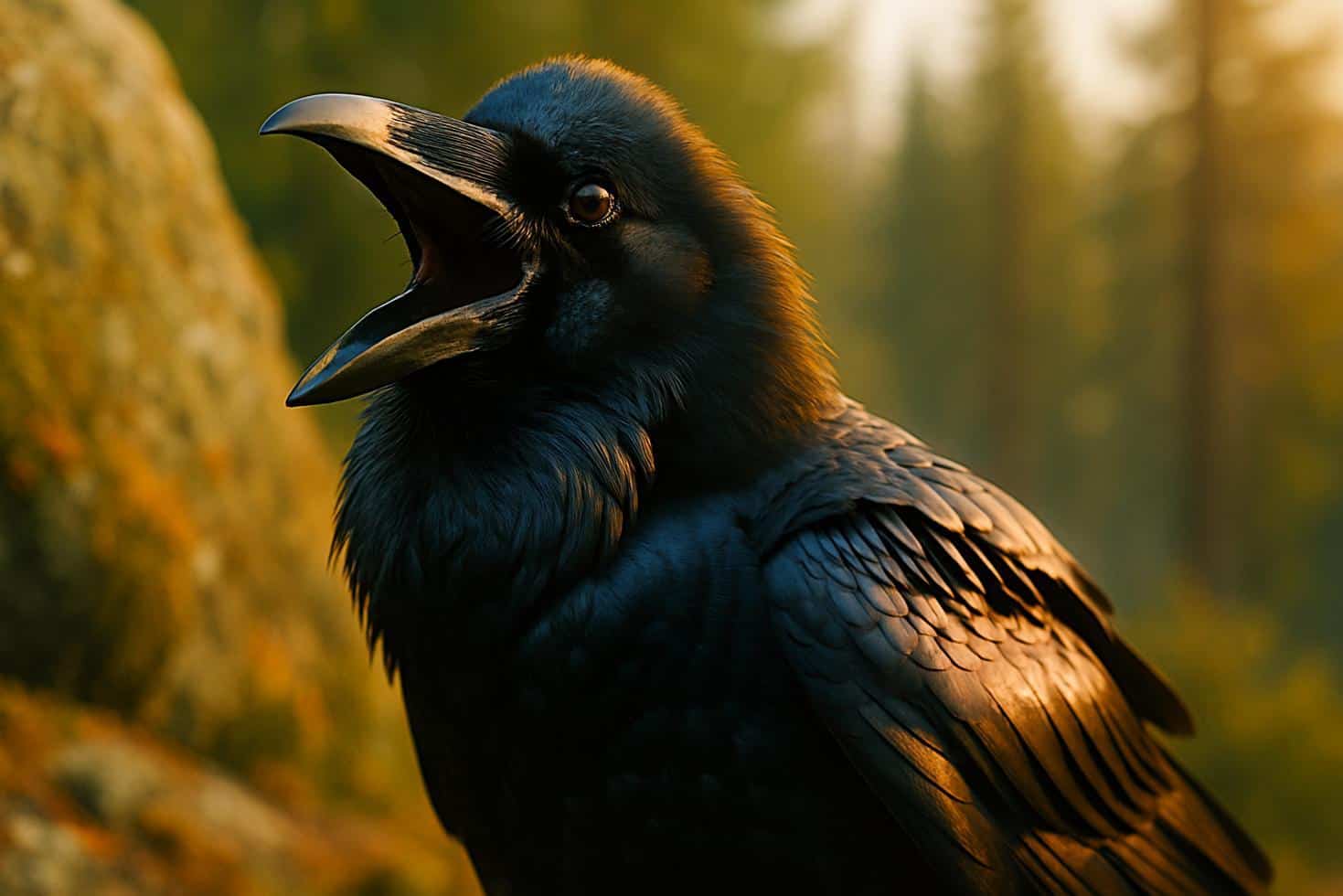 A common raven perched on a rough wooden post, head tilted slightly, dark feathers gleaming, beak partially open mid-call.