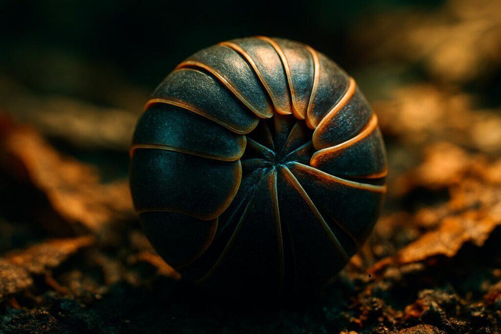 Close-up of a gray pillbug curled into a ball on dark moist soil surrounded by decomposing leaves.