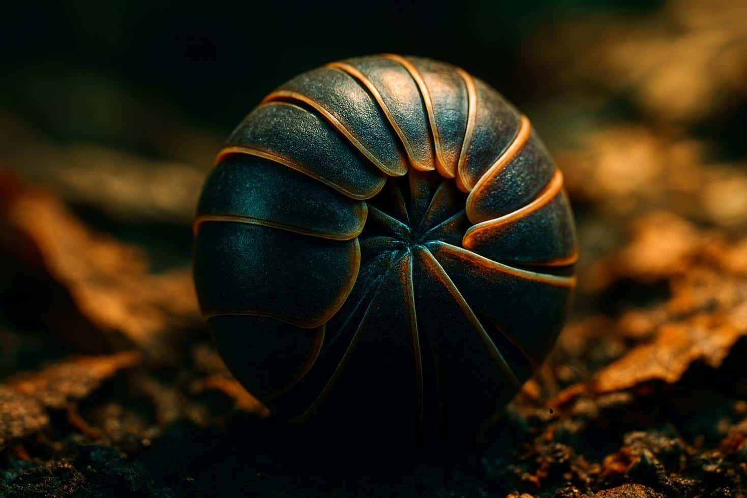 Close-up of a gray pillbug curled into a ball on dark moist soil surrounded by decomposing leaves.