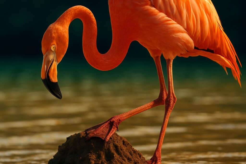 A single American flamingo standing in shallow Florida Bay water near a cone-shaped mud mound nest at the waterline.