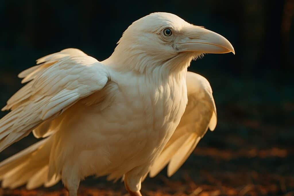 A white-feathered raven with blue eyes perched among black ravens on a snow-dusted branch in winter light.