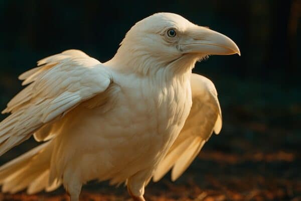 A white-feathered raven with blue eyes perched among black ravens on a snow-dusted branch in winter light.
