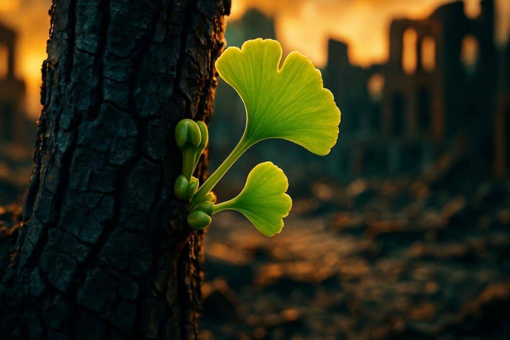 Six ancient ginkgo trees with scarred dark trunks standing near Hiroshima temple grounds, new green leaves visible on charred bark.
