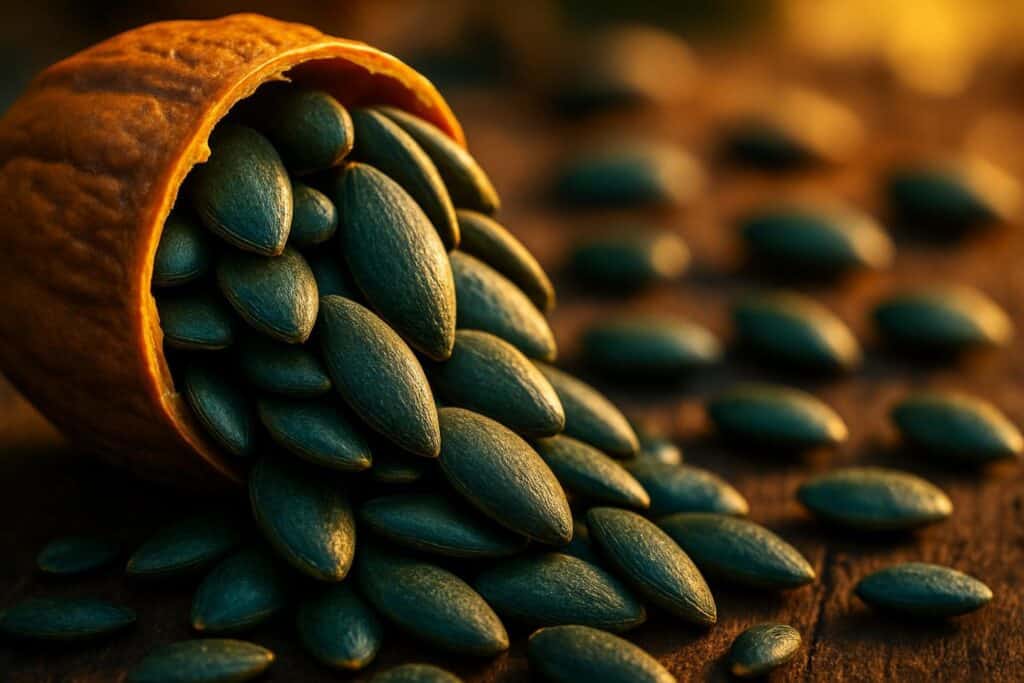 A wooden bowl of raw green pumpkin seeds spilling onto a rustic surface, photographed close up.