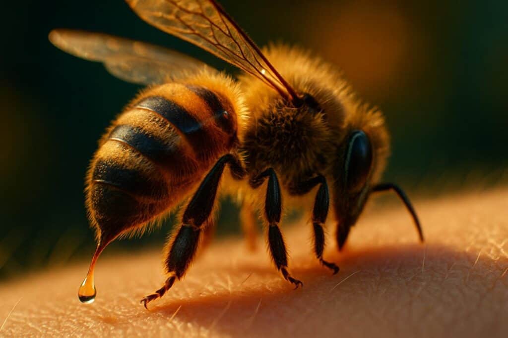 Close-up of a honeybee on a white surface with a visible stinger, surrounded by amber-toned honeycomb cells.