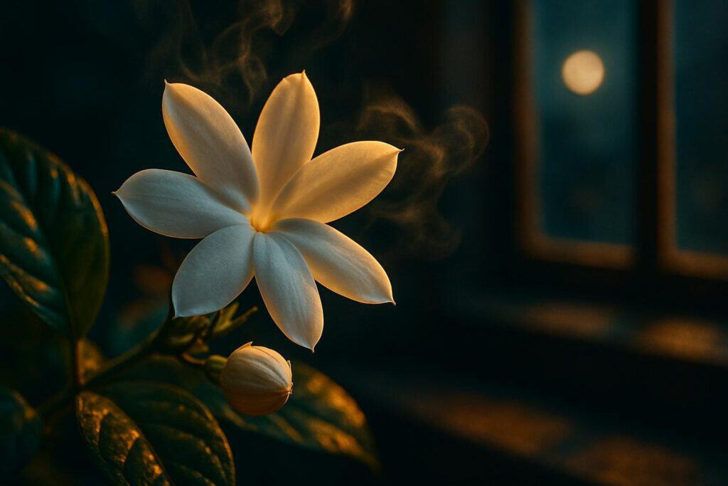 Close-up of white Jasminum sambac flowers blooming on a compact potted plant against a soft bedroom background.