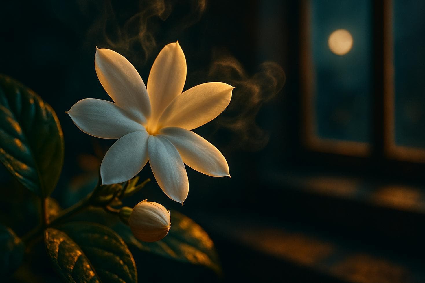 Close-up of white Jasminum sambac flowers blooming on a compact potted plant against a soft bedroom background.